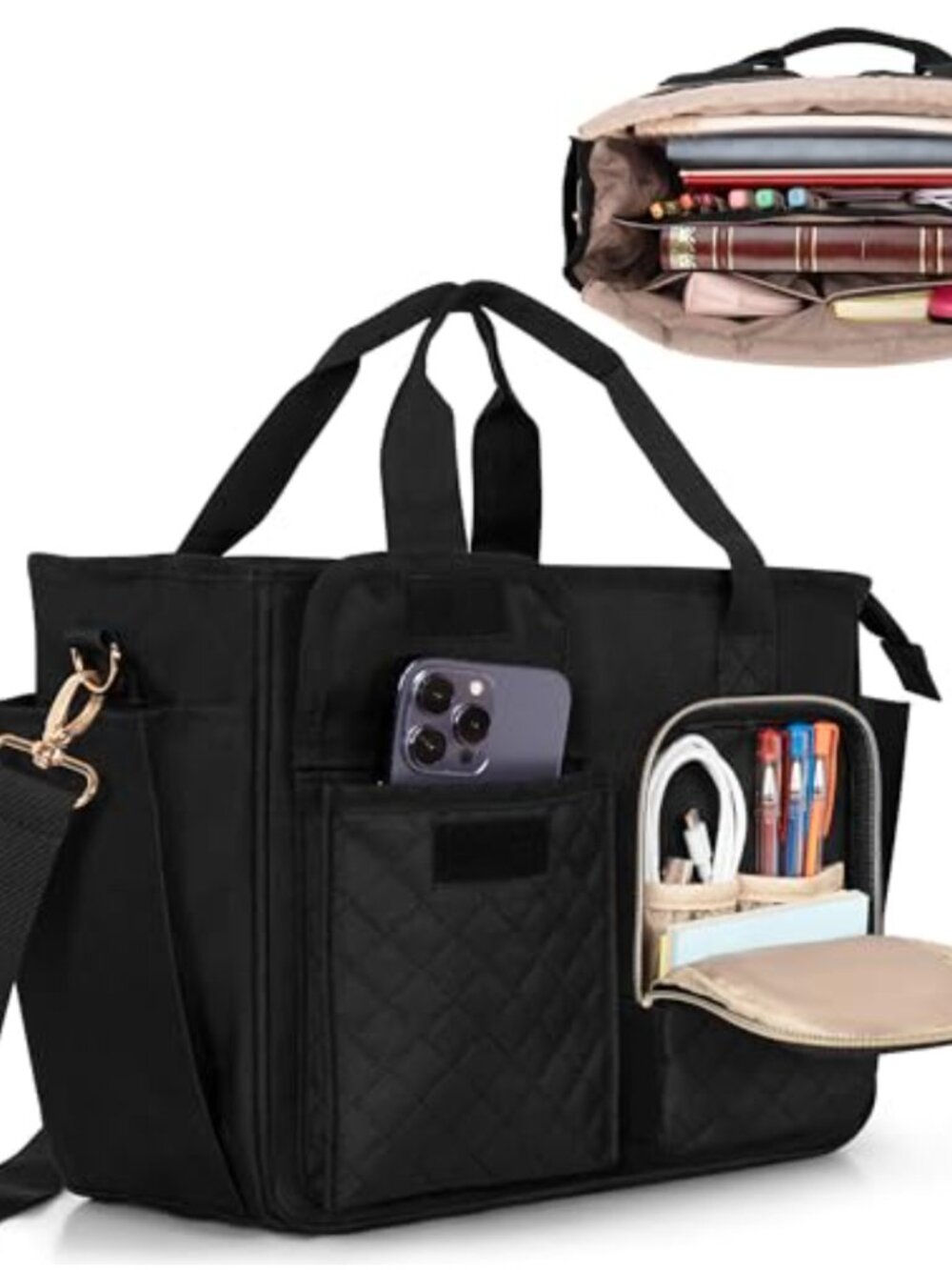Luxja Large Bible Bag with Water Bottle Pockets, Polyester Tote for Bible Study